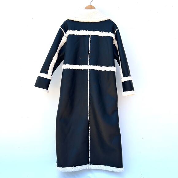 New Nasty Gal Longline Faux Leather Aviator Coat Jacket Black 4 Shearling - Picture 5 of 13